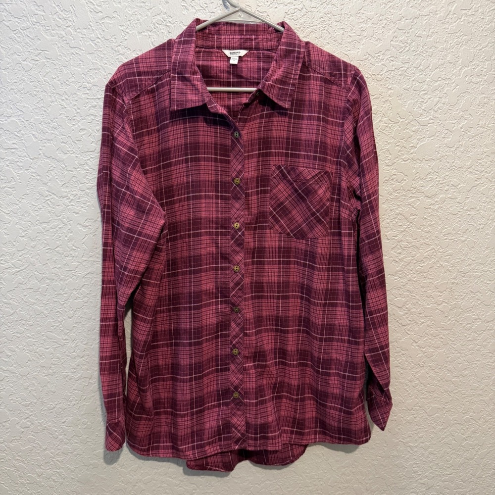 Sonoma Plaid Flannel Button Down Shirt XL Berry Pink Cotton Rustic Casual